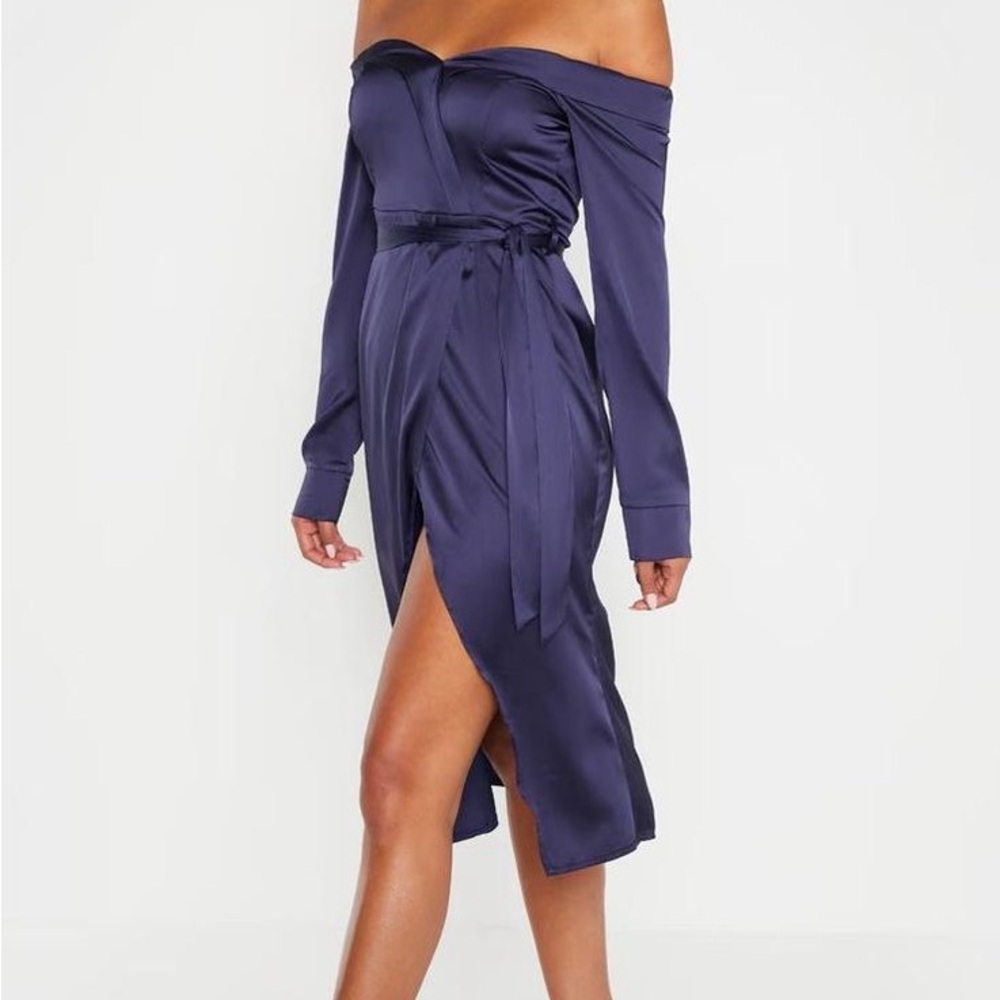 PrettyLittleThing Off-Shoulder Satin Dress in Deep Blue UK Size 12 NWT